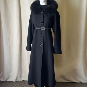 Forecaster Boston Black Wool Cashmere Fox Fur Hood Coat Sz 8 Long Maxi